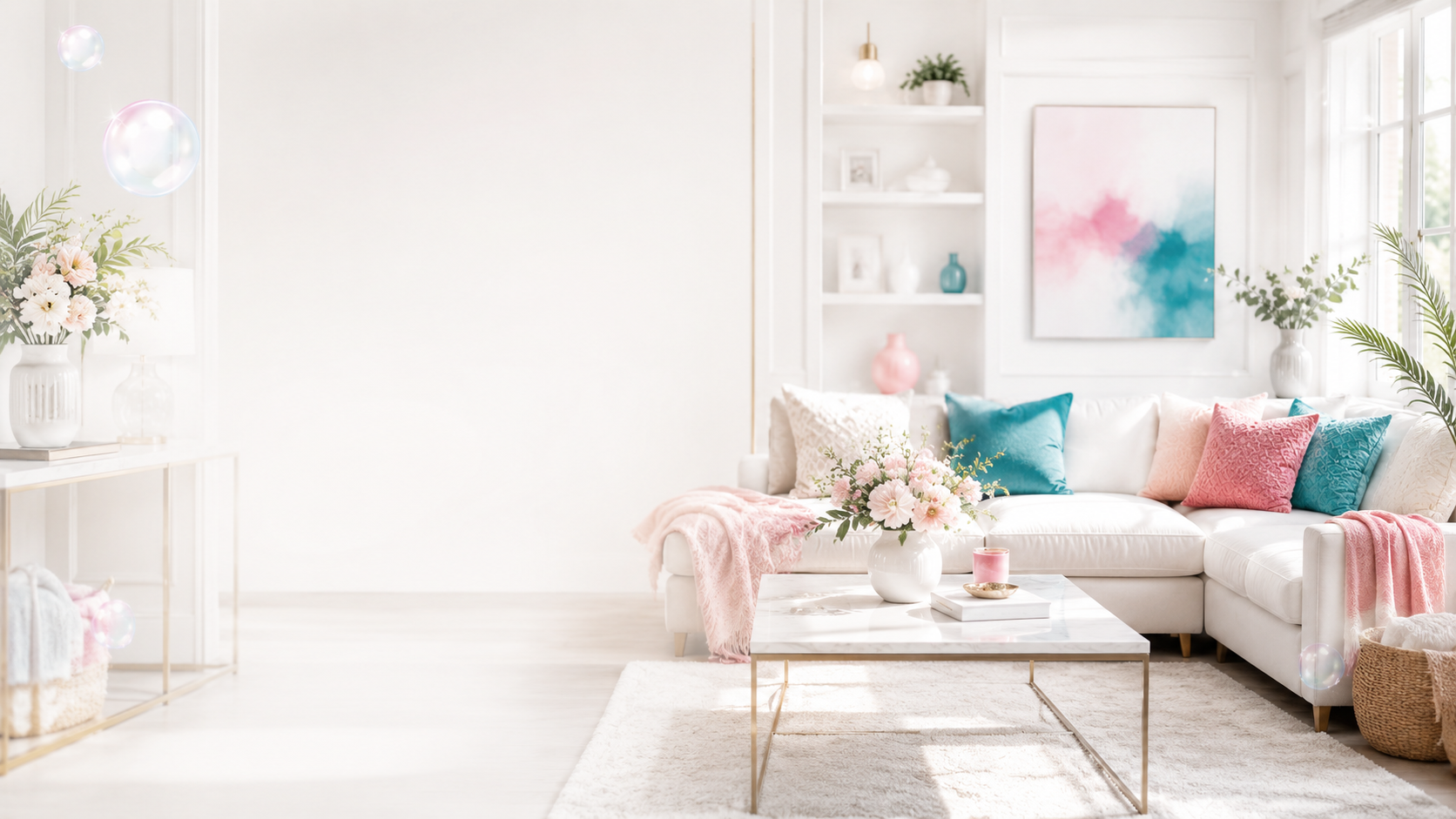 Bright, freshly cleaned luxury living room with pink and teal accents