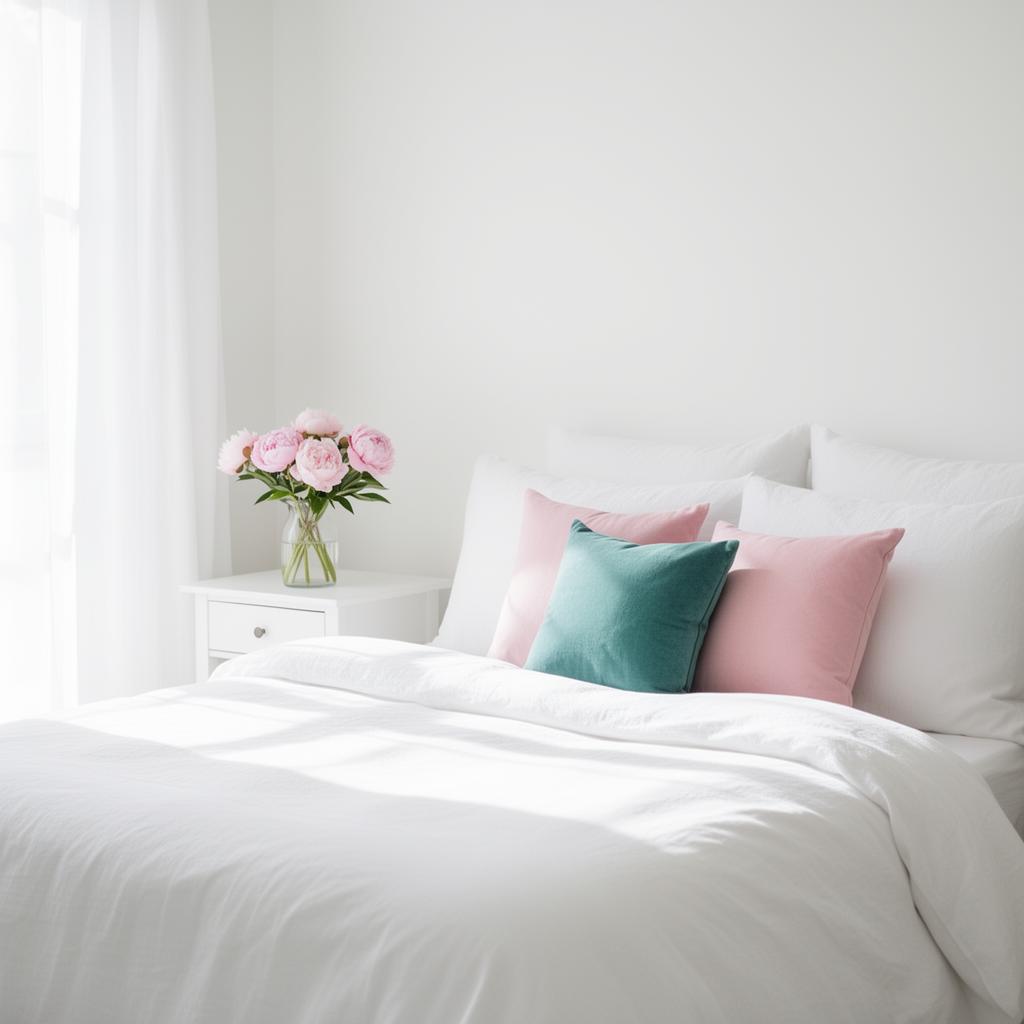 Fresh, bright bedroom with soft white linens
